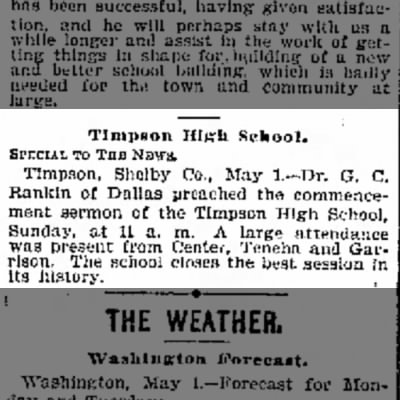 Timpson High School commecment
Galveson Daily News
May 2, 1904